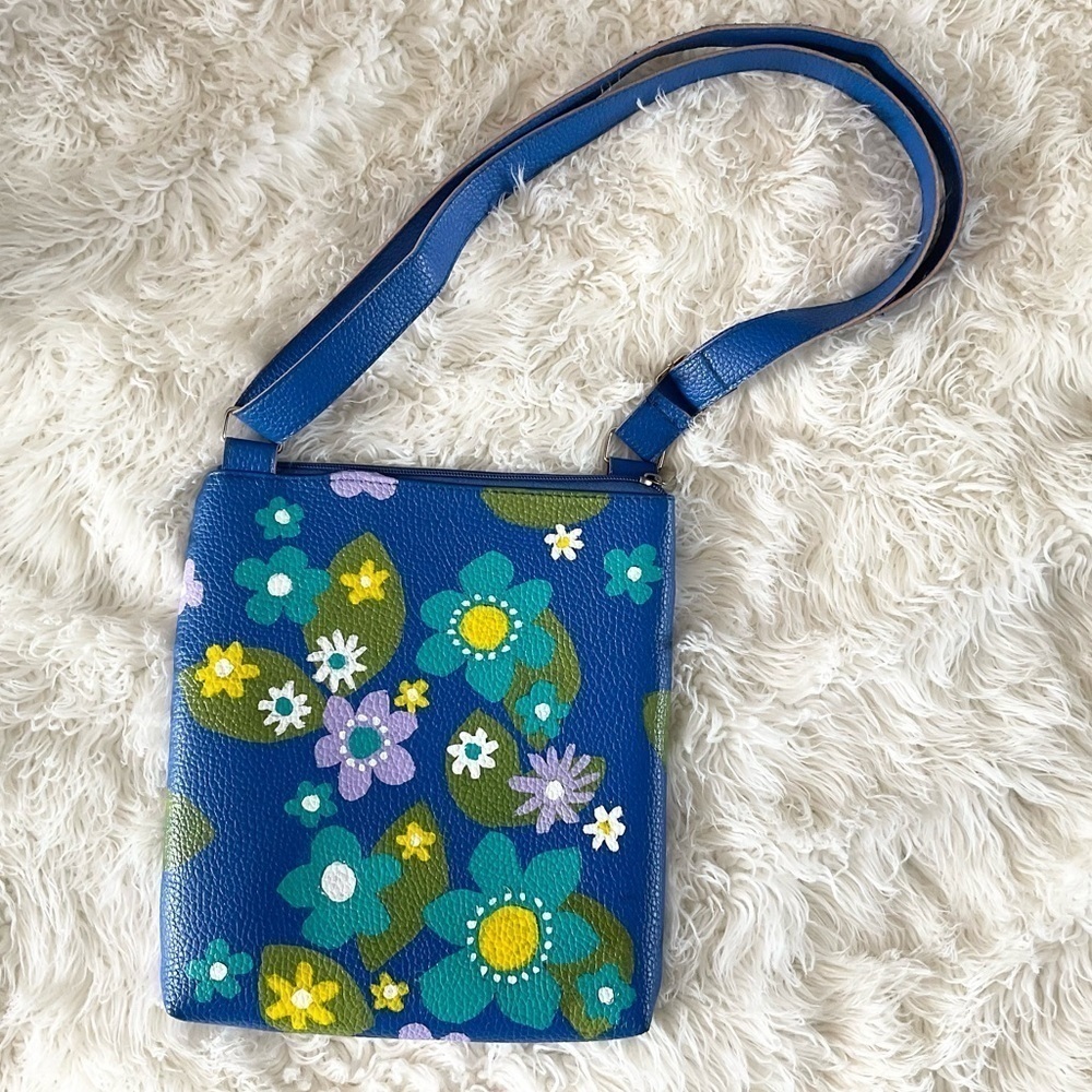 Hand Painted Blue 60’s Inspired Flower Purse or Crossbody Faux Leather Bag,‎
